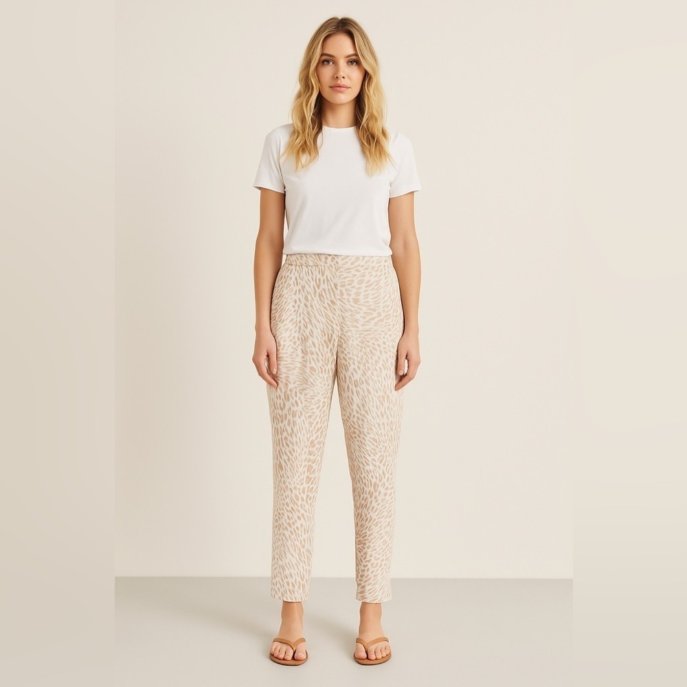 Calvin Klein White Tan Leopard Animal Print Lightweight Flowy Pants Sz Xl
